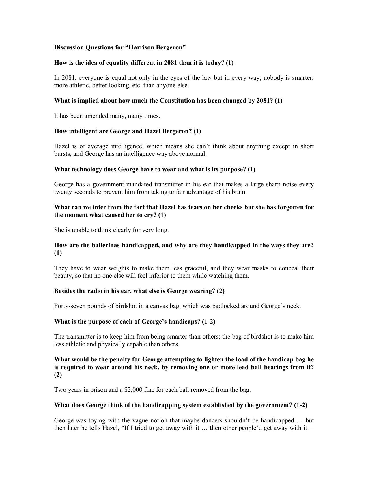 Harrison Bergeron Discussion Questions
