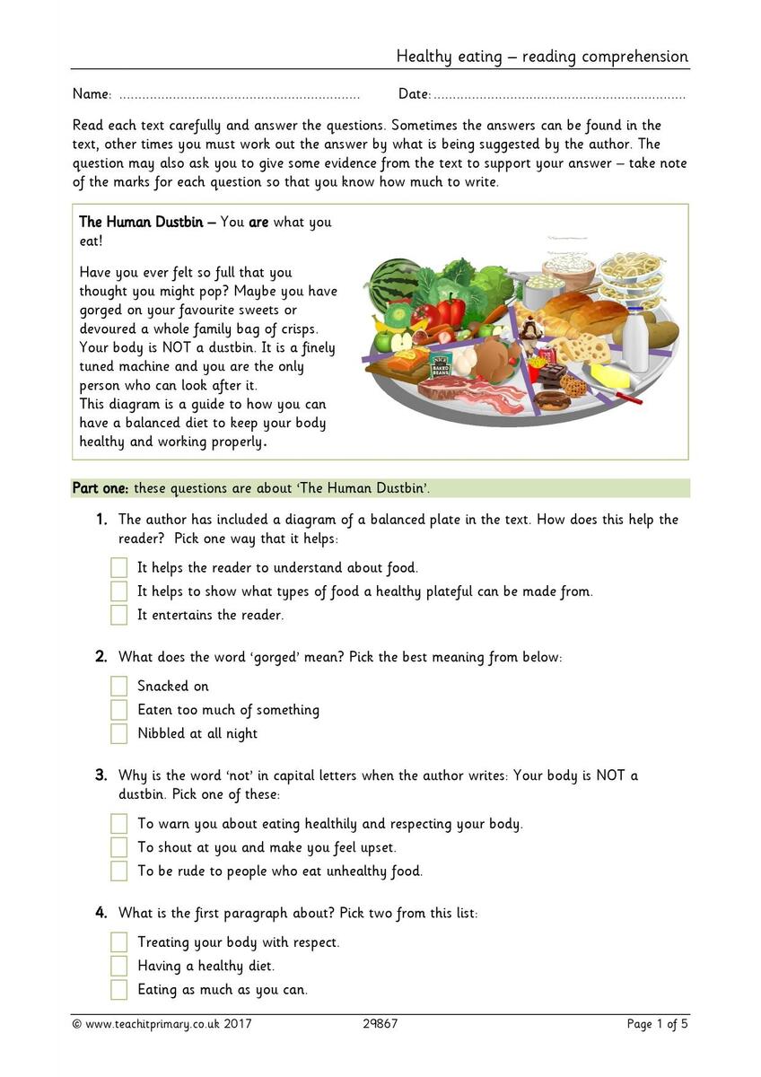 Healthy Eating Reading Comprehension KS2 English Teachit
