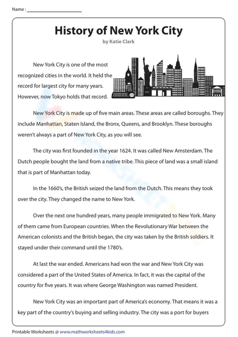 History Of New York City Worksheet Reading Comprehension NEW YORK ESL Worksheet By SUPERBUBBLE