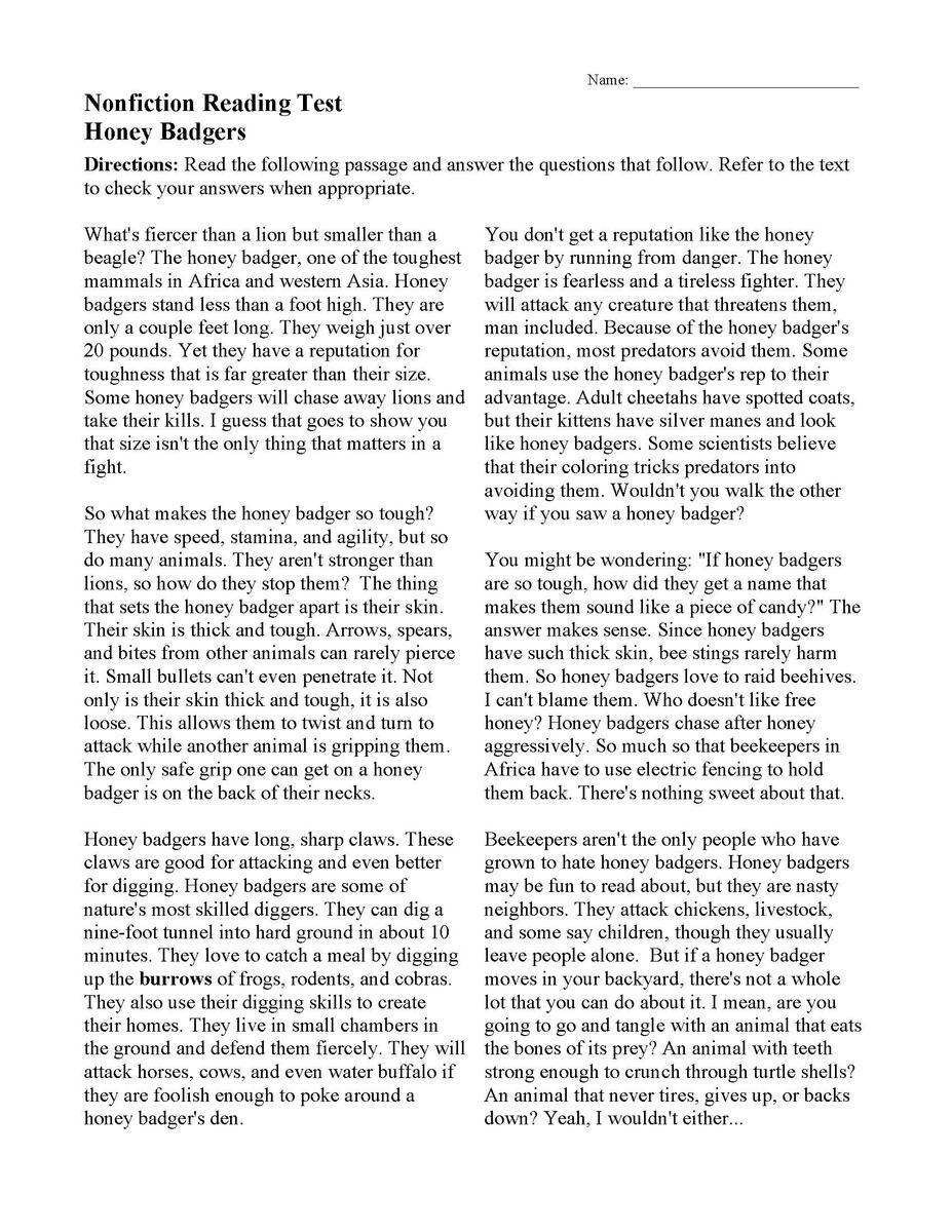 Honey Badgers Nonfiction Reading Activity