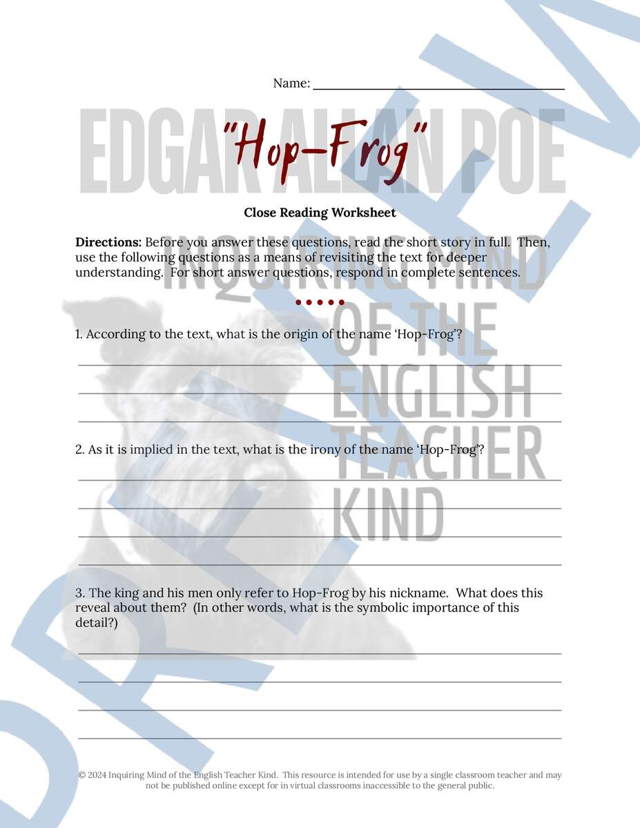 Hop Frog By Edgar Allan Poe Close Reading Analysis Worksheet Teaching Resources