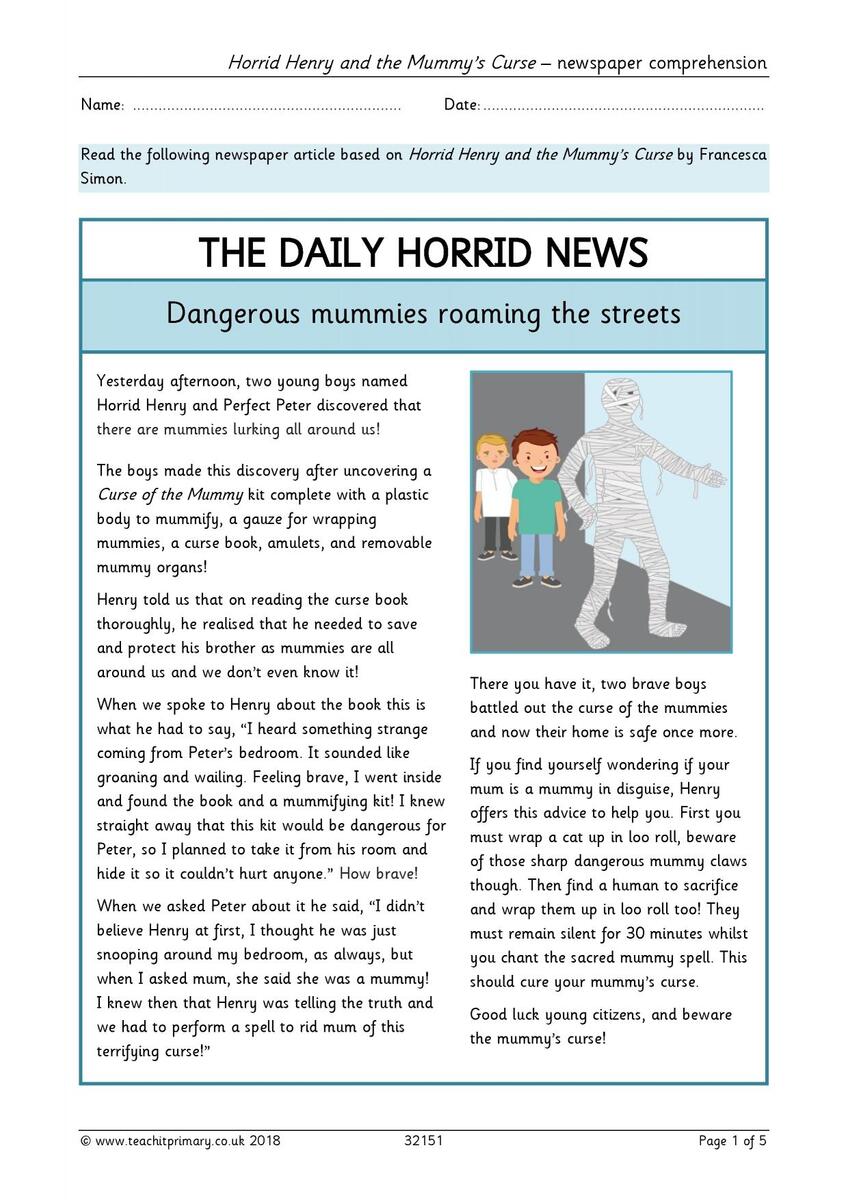 Horrid Henry Newspaper Comprehension Comprehension KS1 2 Teachit