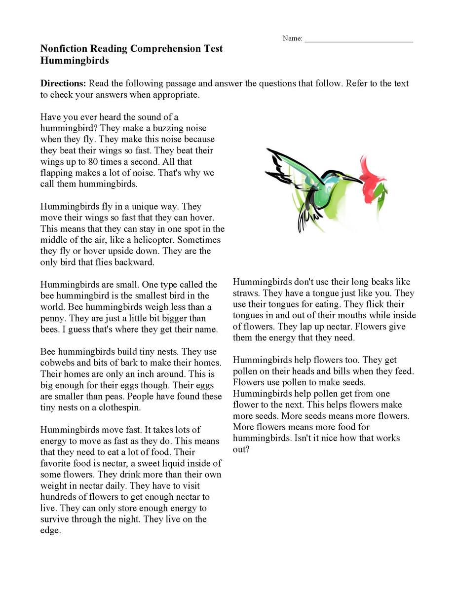 Hummingbirds Nonfiction Reading Activity
