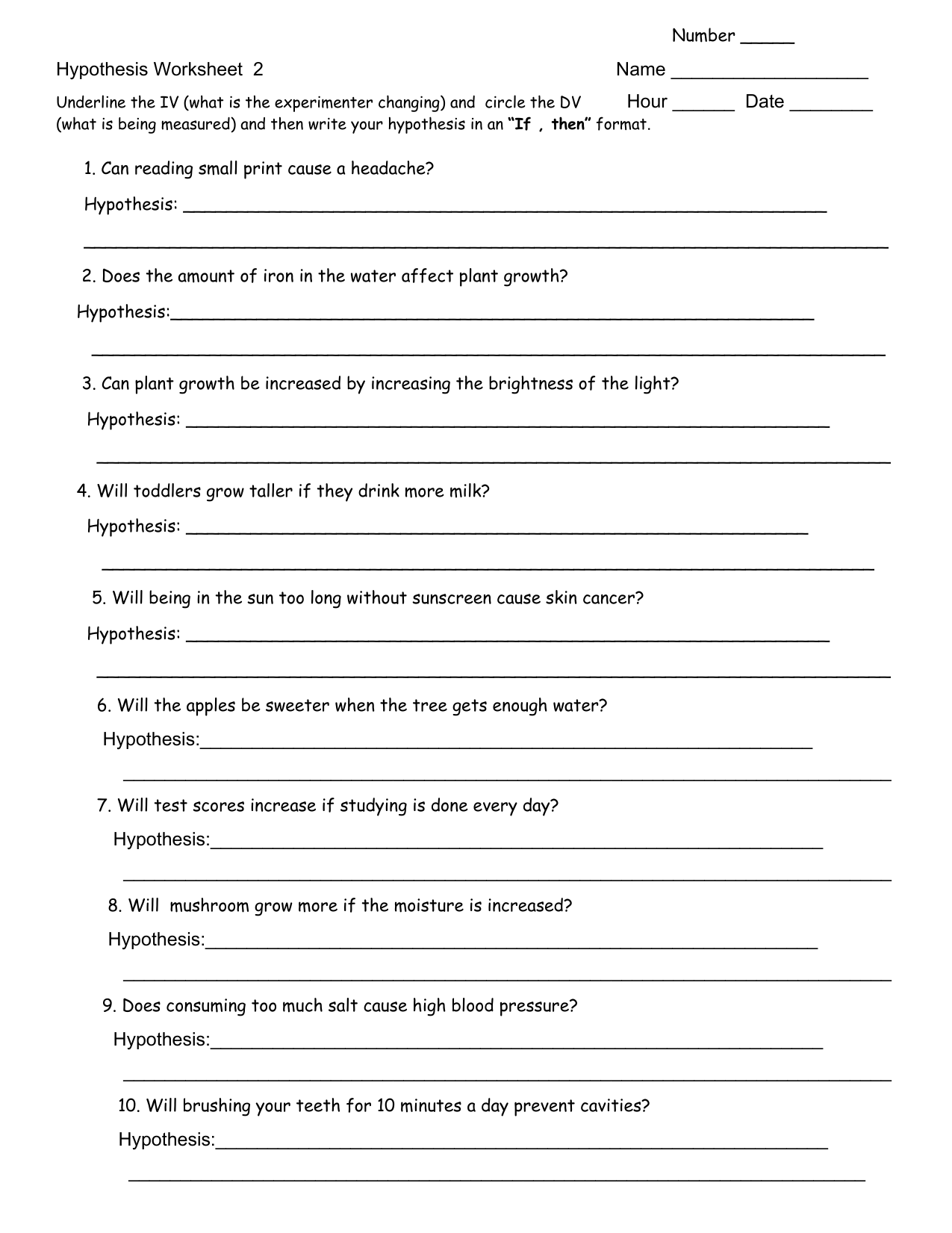 Hypothesis Worksheet Science Experiments Variables
