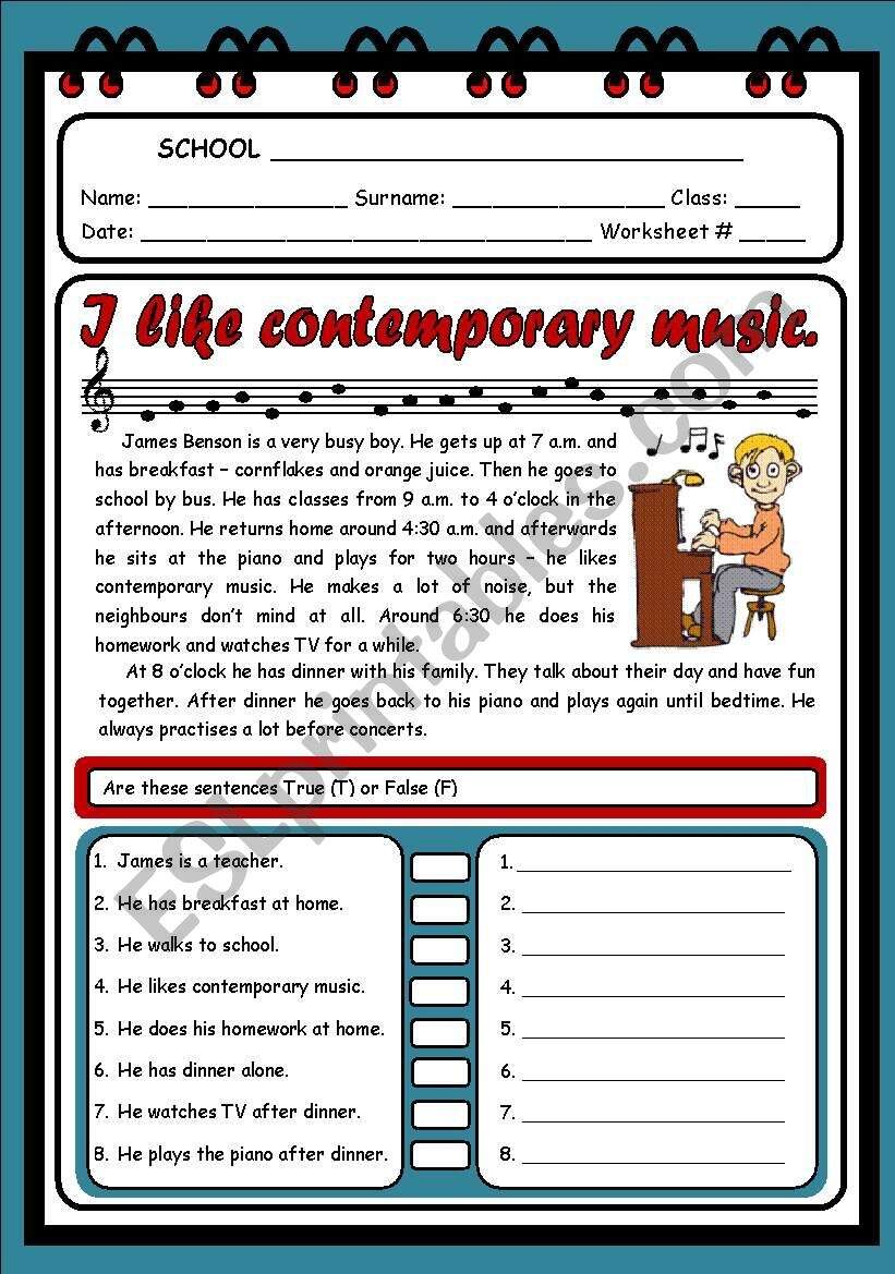 I LIKE CONTEMPORARY MUSIC READING COMPREHENSION 2 PAGES ESL Worksheet By Evelinamaria