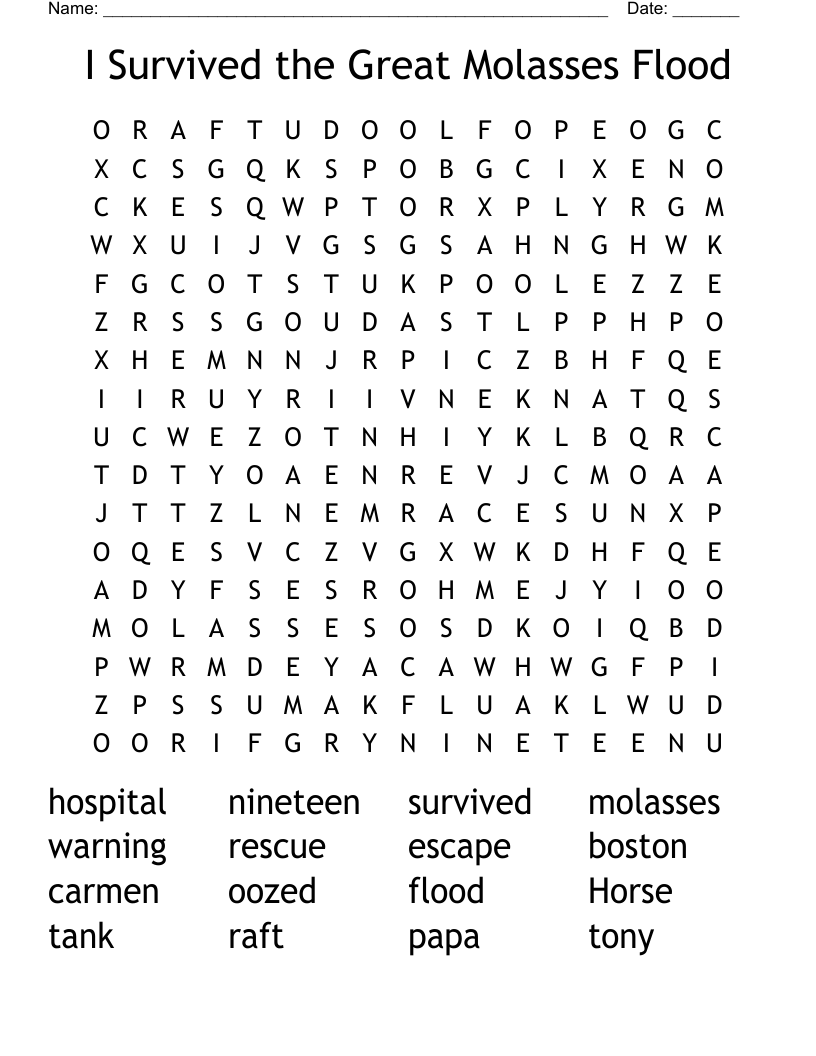 I Survived The Great Molasses Flood Word Search WordMint I Survived The Great Molasses Flood Word Search WordMint