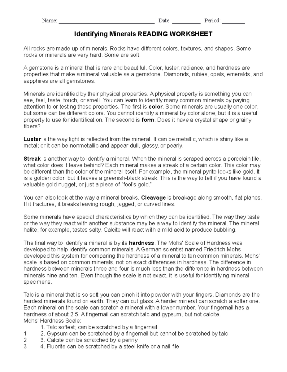 Identifying Minerals READING WORKSHEET For Science Class Studocu