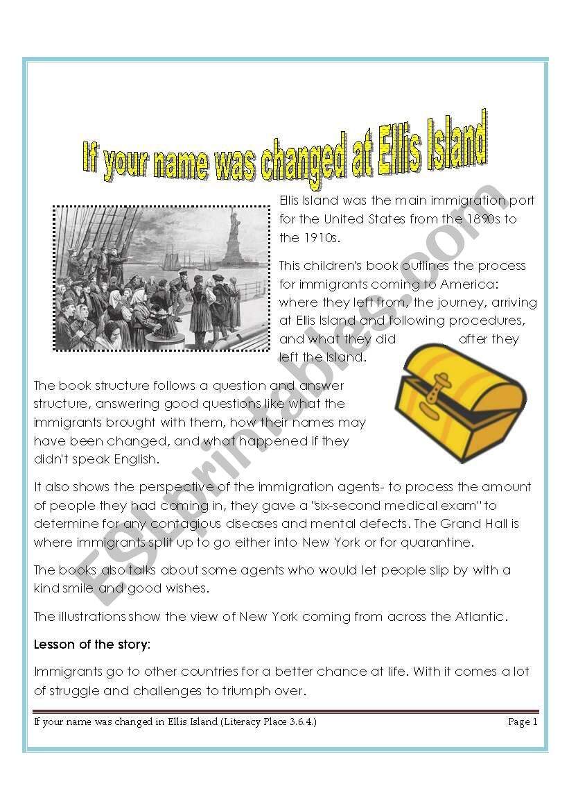 IF YOUR NAME WAS CHANGED IN ELLIS ISLAND READING COMPREHENSION ESL Worksheet By Lilacrose
