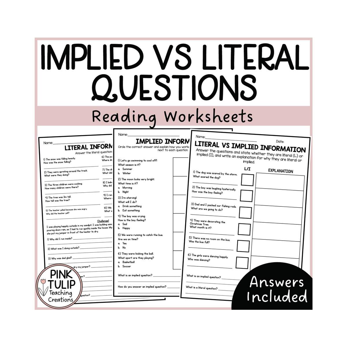 Implied Vs Literal Questions Worksheets With Answers Etsy Implied Vs Literal Questions Worksheets With Answers Etsy