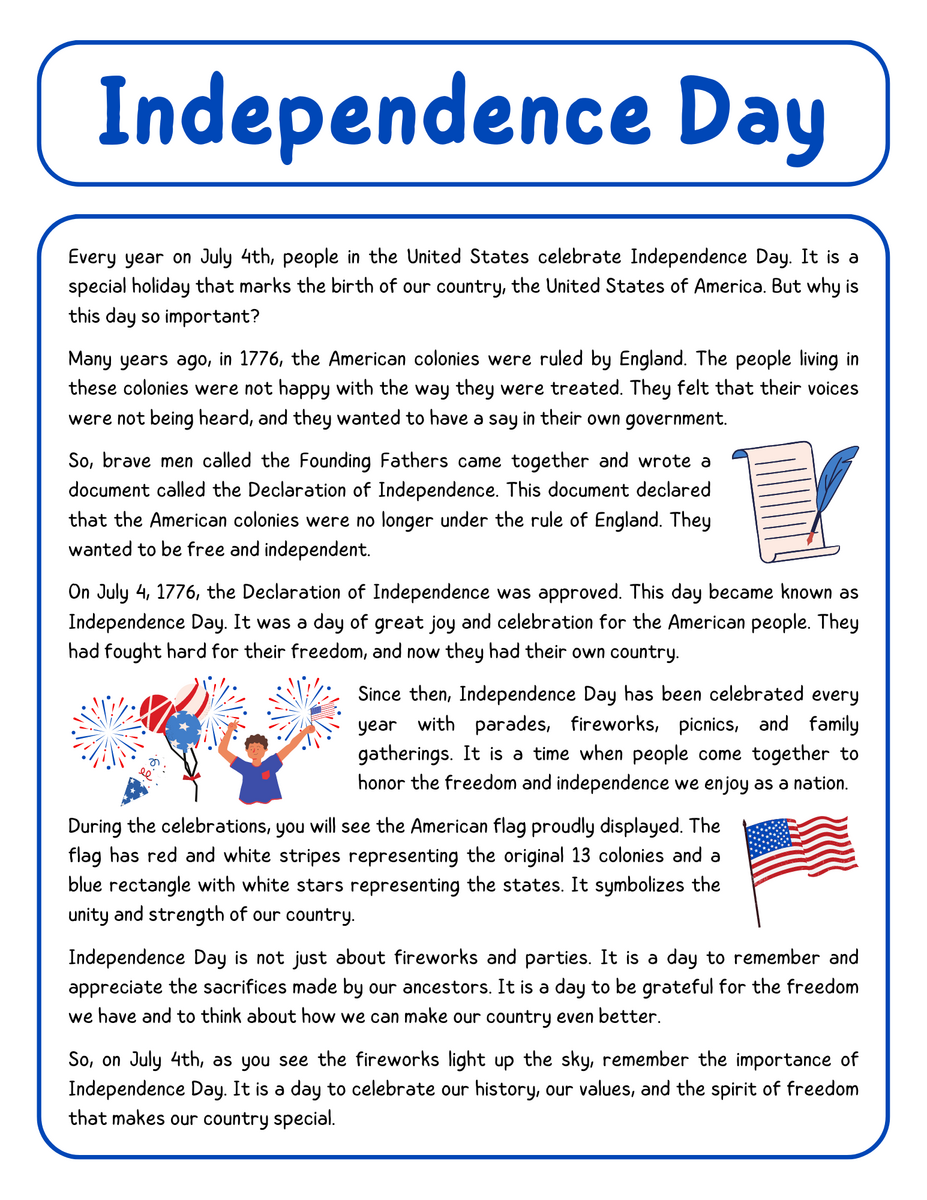 Independence Day 4 July READING COMPREHENSION 2PAGES ESL Worksheet By Zizou27300