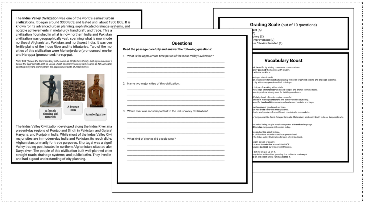 Indus River Valley Civilization Reading Comprehension Sub Plan For 6th And 7th Grades Made By Teachers