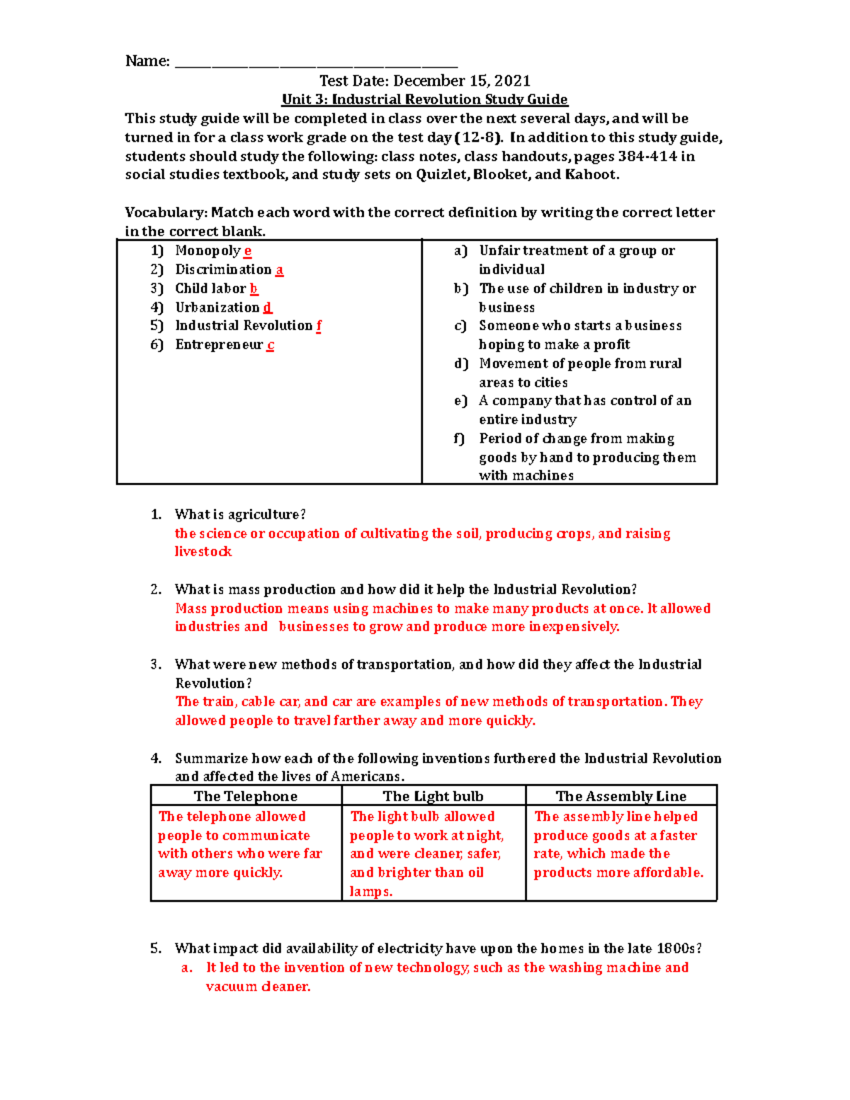 Industrial Revolution Unit 3 Study Guide Answer Key Review Studocu