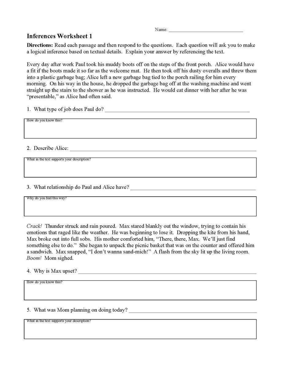 Inferences Worksheet 1 Reading Activity Inferences Worksheet 1 Reading Activity