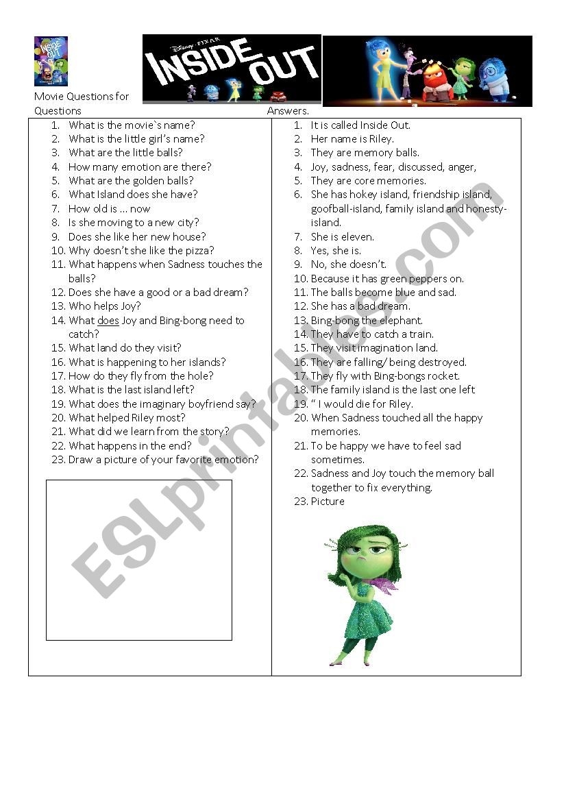 Inside Out Disney Movie Questions ESL Worksheet By Gyslindaolivier