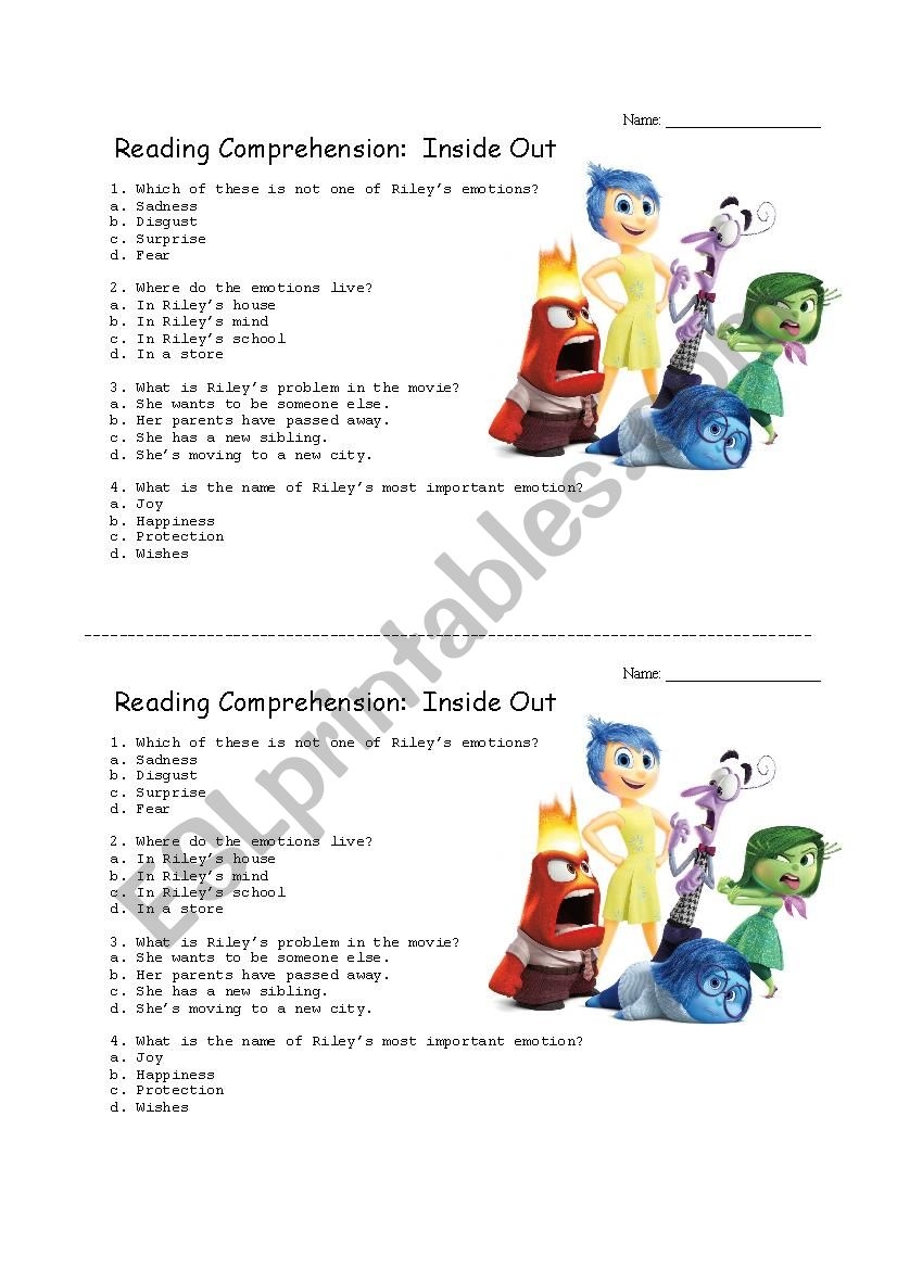 Inside Out Movie ESL Worksheet By Elu S