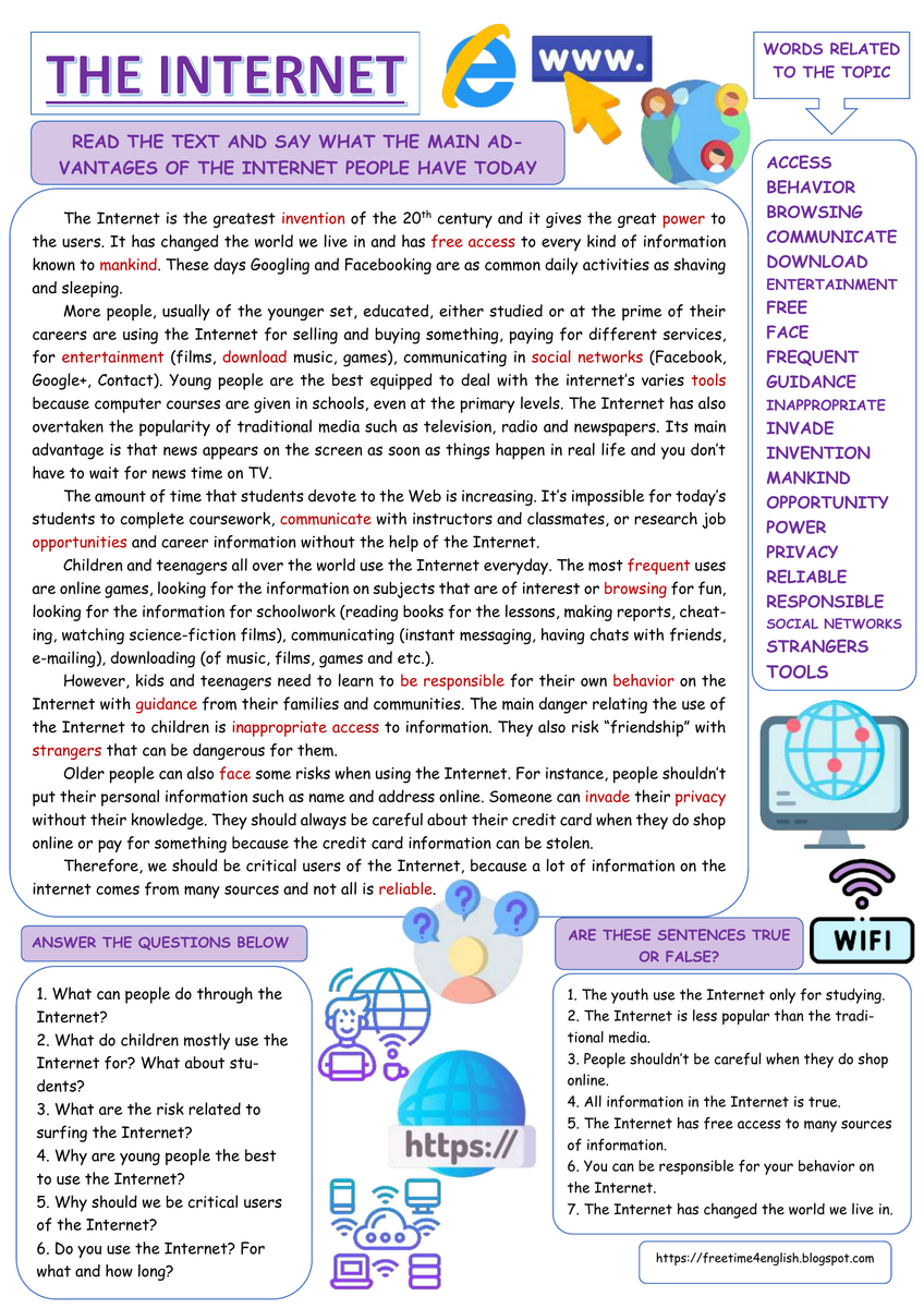 Internet Advantages Risks Reading Comprehension Worksheet Internet Advantages Risks Reading Comprehension Worksheet