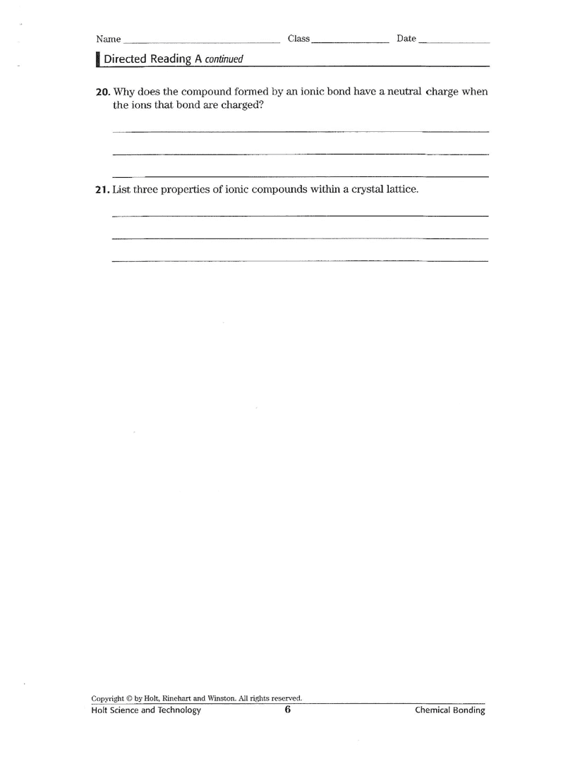 Chemical Bonds Guided Reading Comprehension Ionic Covalent Metallic Classful