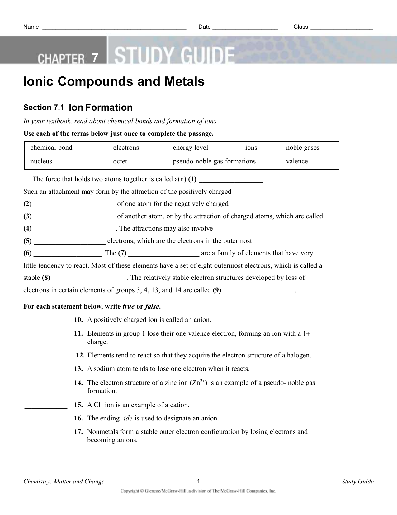 Ionic Compounds Metals Worksheet