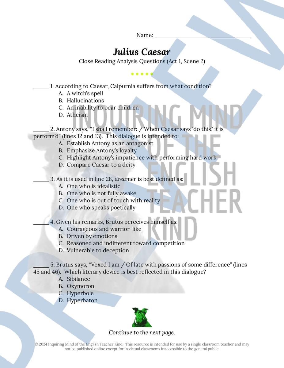 Julius Caesar Act 1 Quiz Close Reading Worksheets And Vocabulary Games Bundle Classful