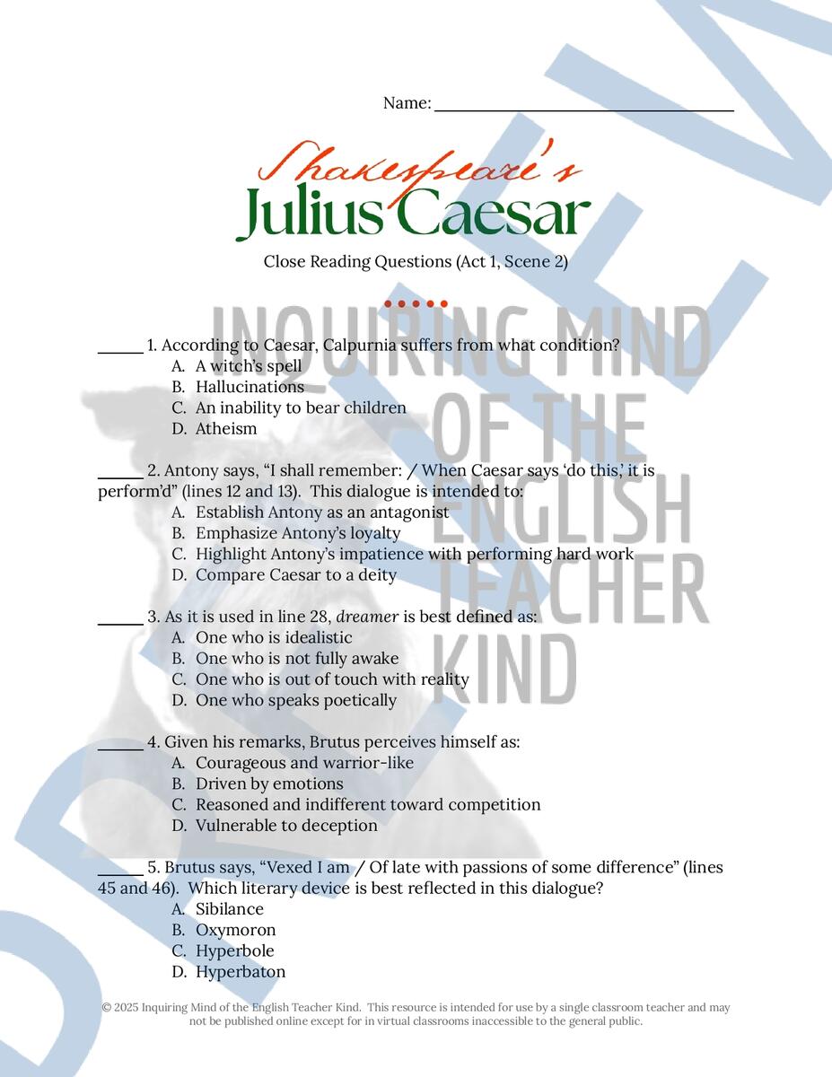 Julius Caesar Act 1 Scene 2 Close Reading Analysis Worksheet And Answer Key Made By Teachers
