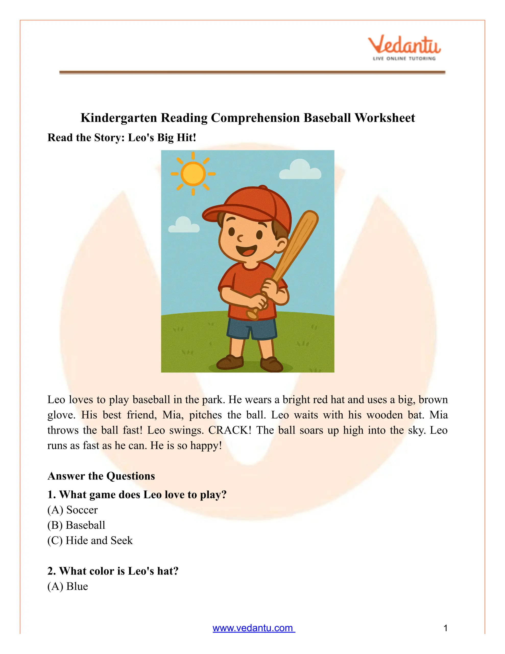 Kindergarten Baseball Story Reading Worksheet Free PDF Kindergarten Baseball Story Reading Worksheet Free PDF
