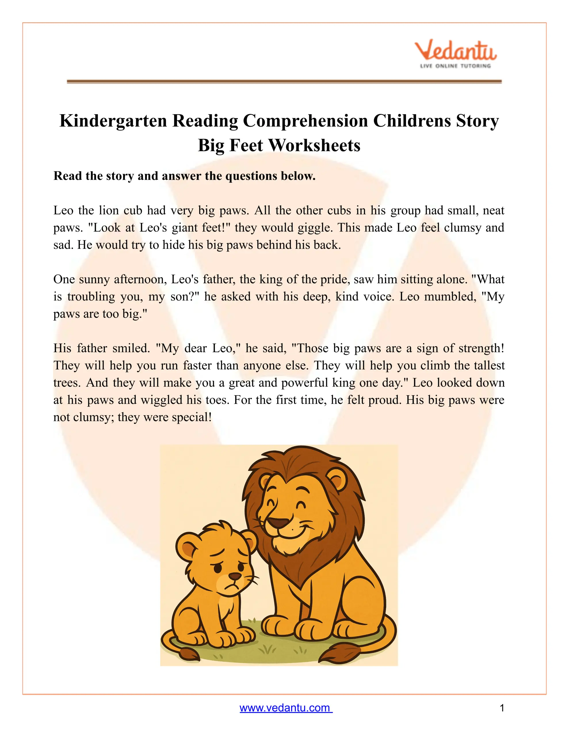 Kindergarten Reading Comprehension Big Feet Story Worksheet