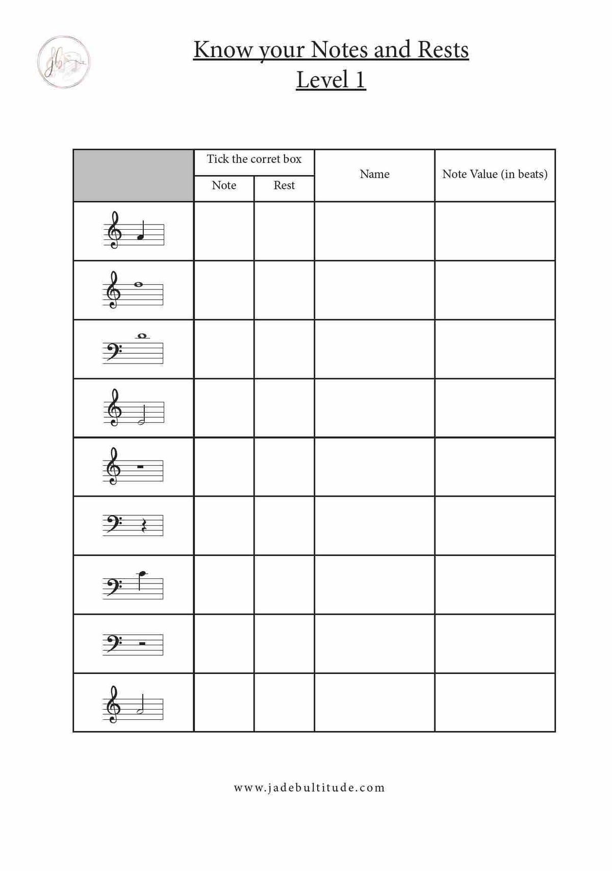 Know Your Notes And Rests Worksheets Jade Bultitude FREE Printable Music Note Naming Worksheets Presto Its Music Worksheets Library