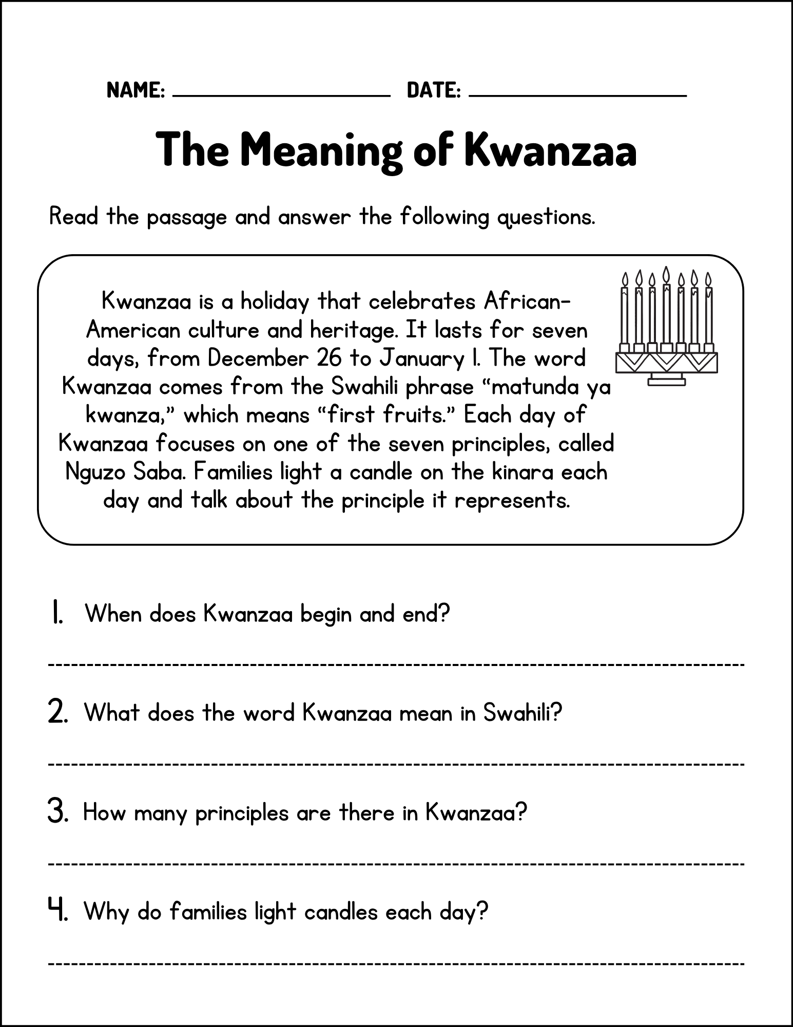 Kwanzaa Holidays Reading Comprehension Passages K 2 Classful