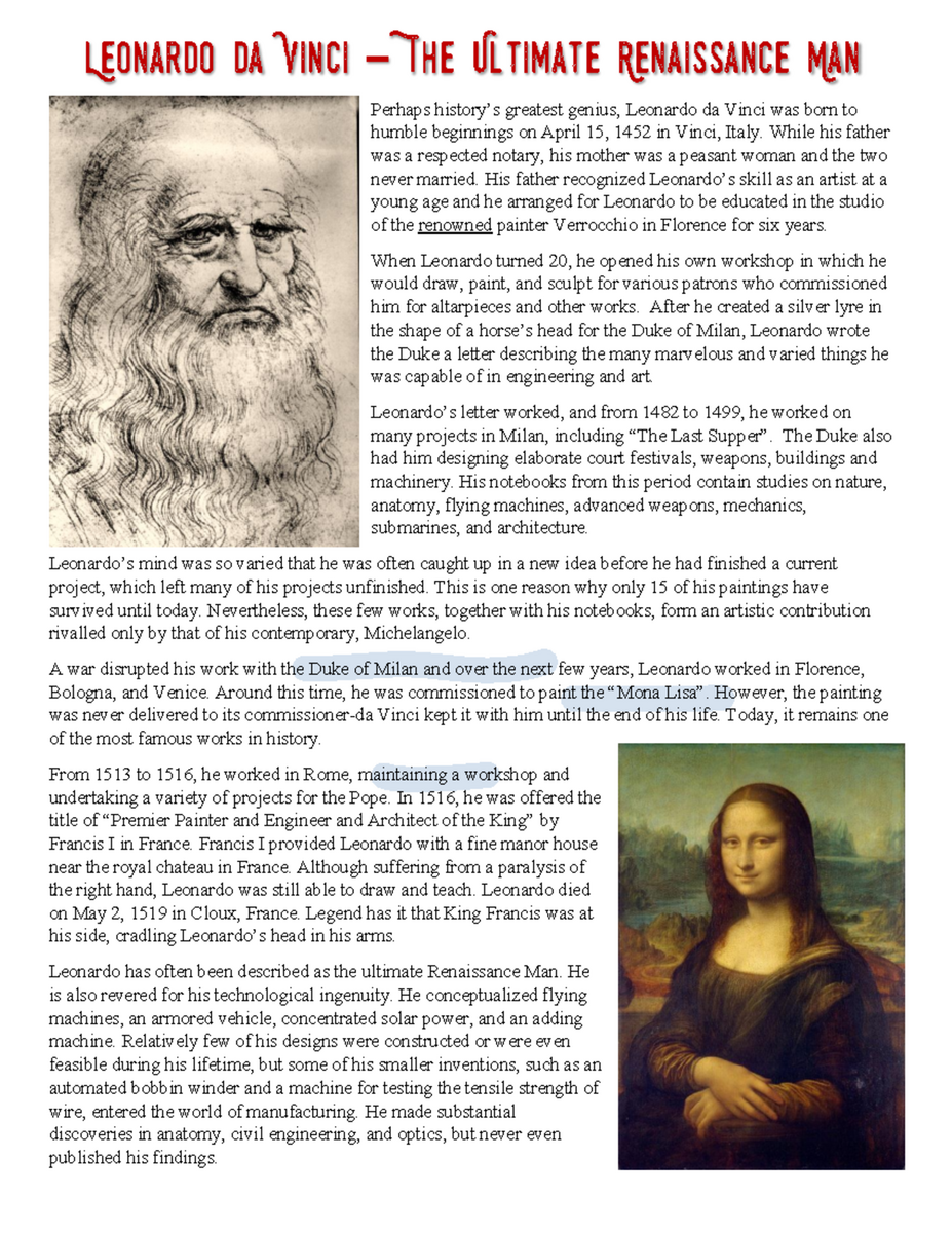 Leonardo Da Vinci Exploring The Ultimate Renaissance Man Studocu Leonardo Da Vinci Reading Comprehension ESL Worksheet By Najati