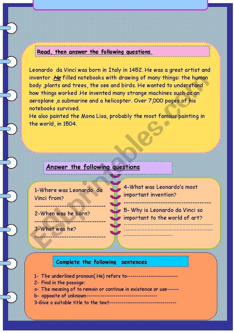 Leonardo Da Vinci Reading Comprehension ESL Worksheet By Najati Leonardo Da Vinci Reading Comprehension ESL Worksheet By Najati