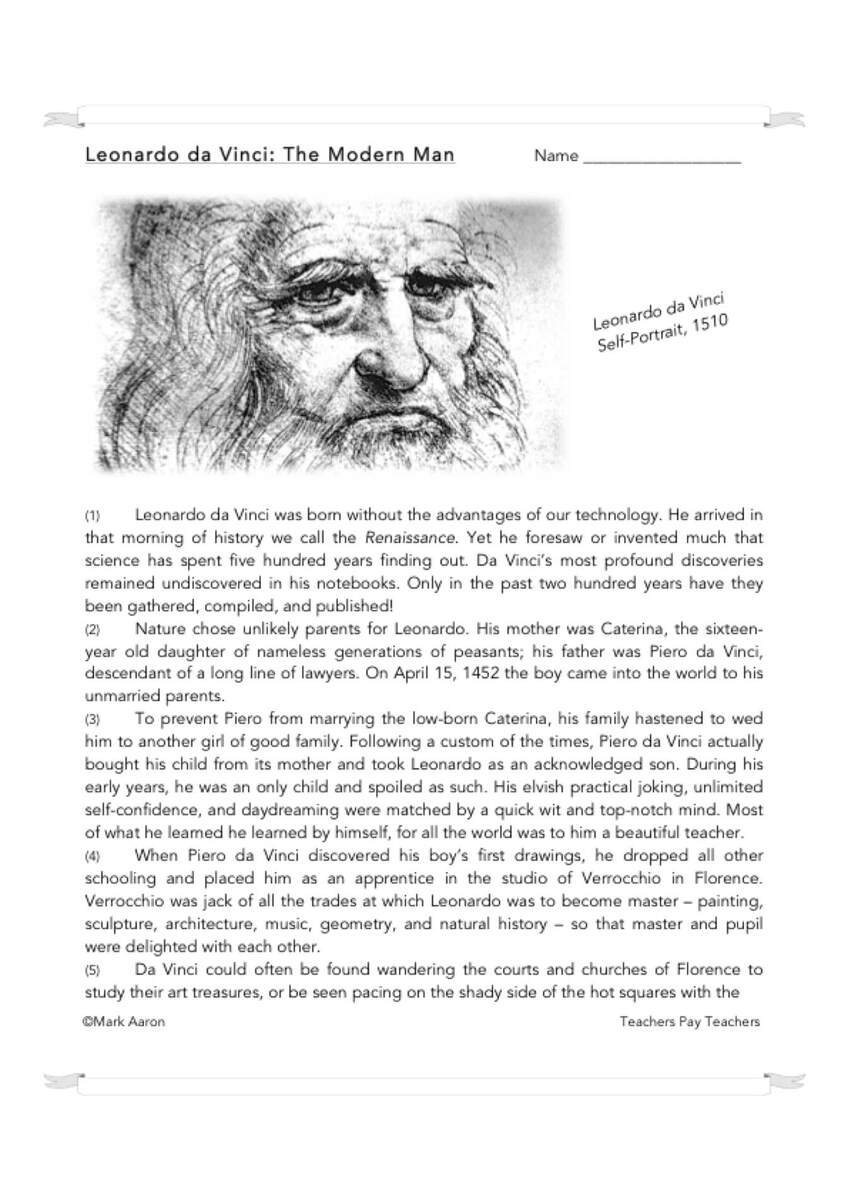 Leonardo Da Vinci The Modern Man Biographical Passage And Assessment Classful