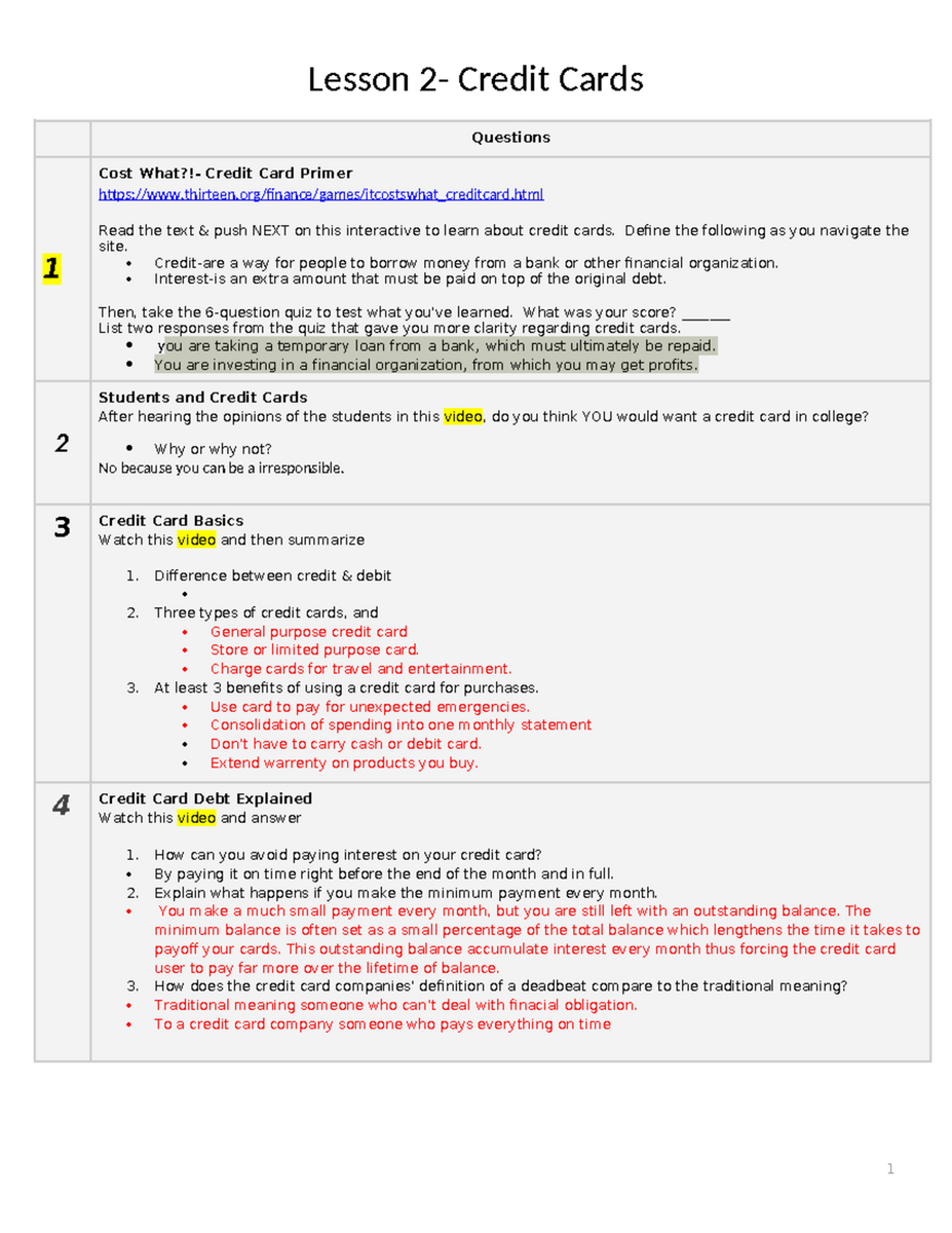 Lesson 2 Credit Cards Student Activity Guide With Key Insights Studocu Lesson 2 Credit Cards Student Activity Guide With Key Insights Studocu