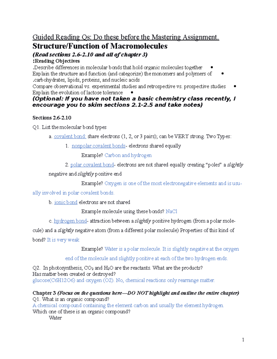 Lesson 2 Guided Reading Questions On Macromolecules Sections 2 6 3 Studocu
