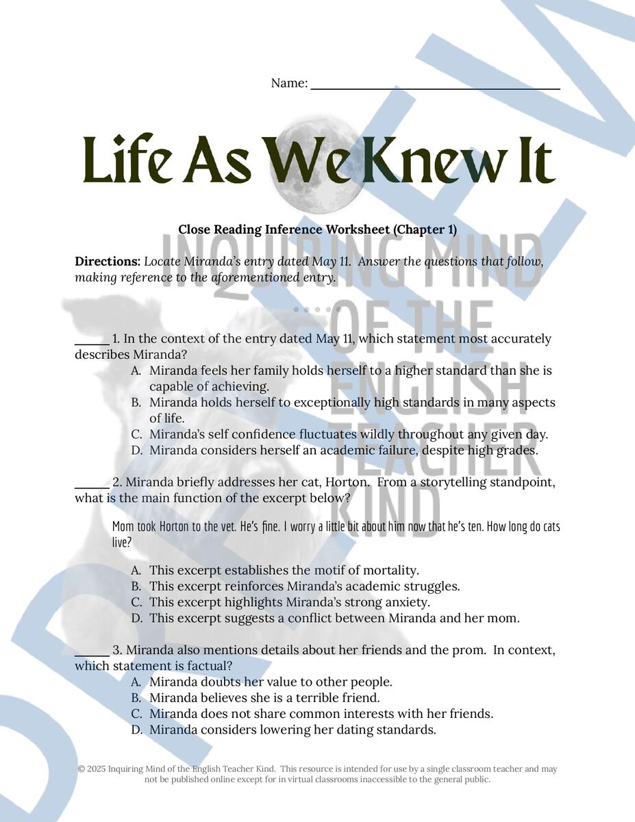 Life As We Knew It Chapter 1 Close Reading Inference Worksheet And Answer Key Made By Teachers Life As We Knew It Chapter 1 Close Reading Inference Worksheet And Answer Key Made By Teachers