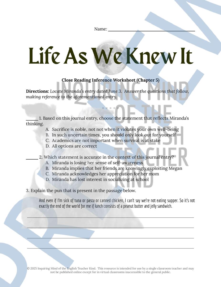 Life As We Knew It Chapter 5 Close Reading Inference Worksheet And Answer Key Made By Teachers Life As We Knew It Chapter 5 Close Reading Inference Worksheet And Answer Key Made By Teachers
