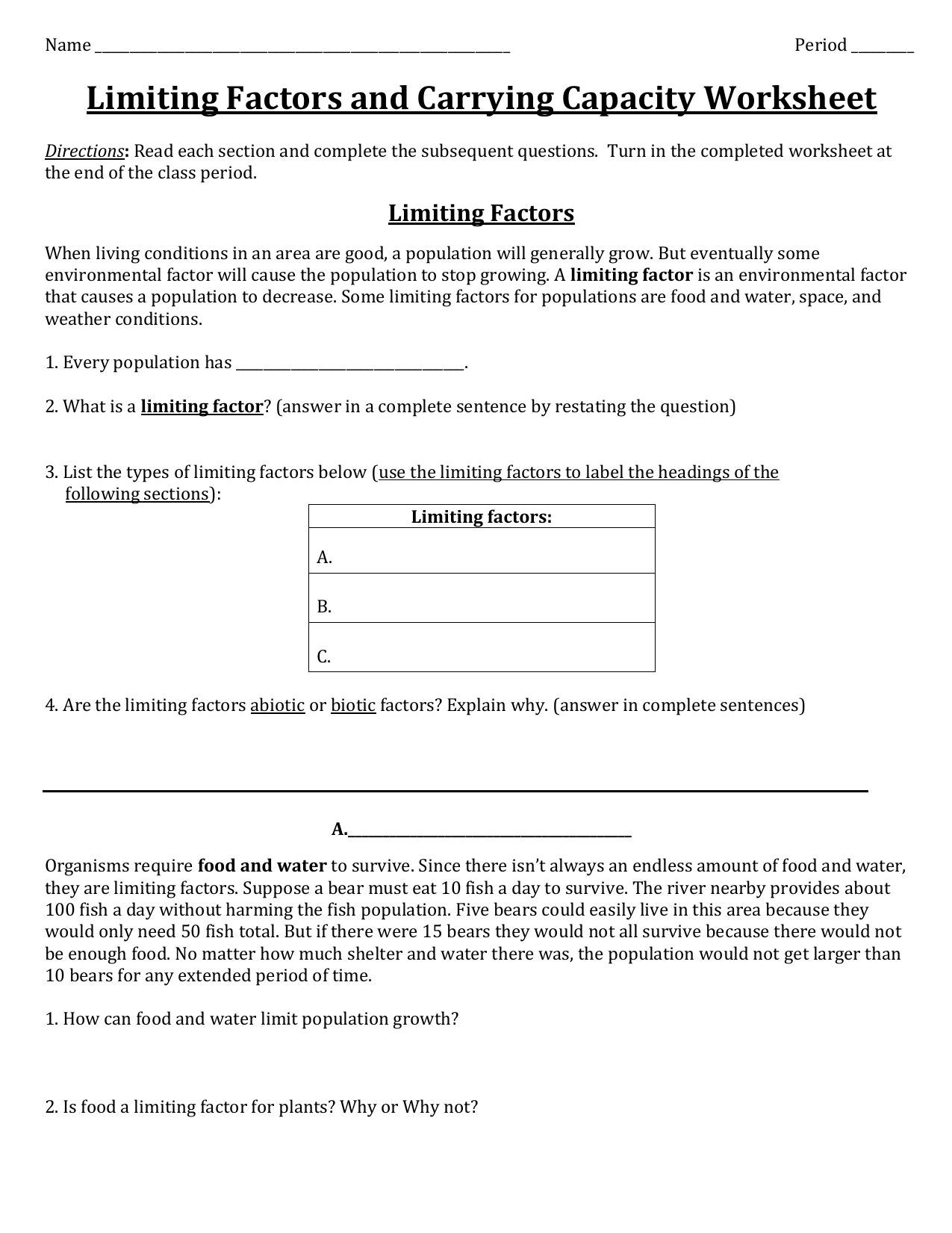 Limiting Factors Carrying Capacity Worksheet Limiting Factors Carrying Capacity Worksheet