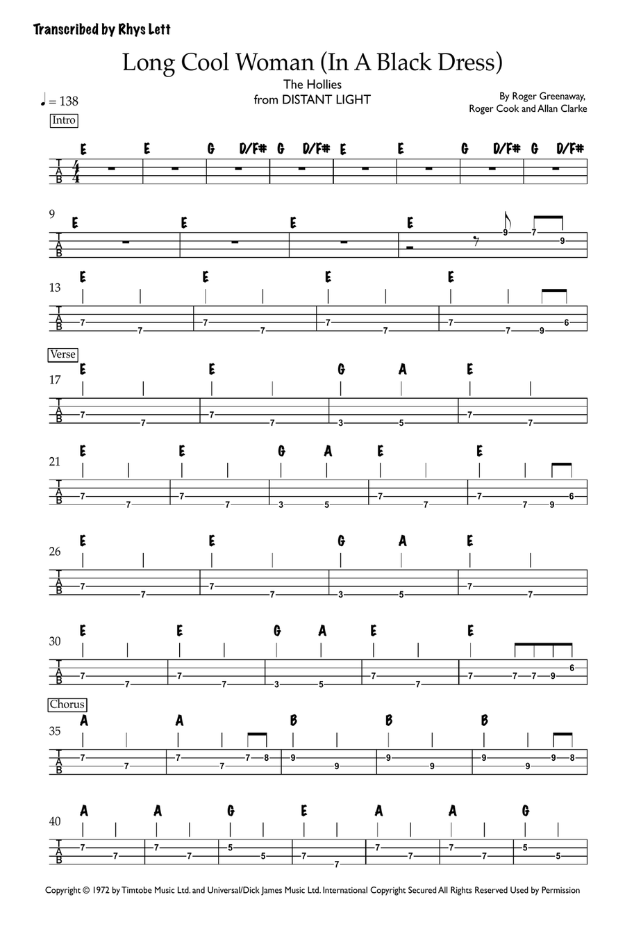 Long Cool Woman In A Black Dress By The Hollies Guitar Tablature Bass Guitar Tablature Early Intermediate Digital Sheet Music Sheet Music Plus