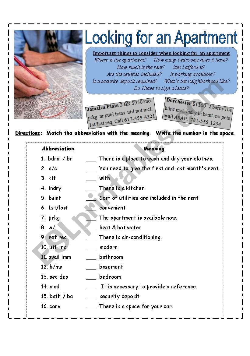 Looking For An Apartment Reading Interpreting A Classified Ad ESL Worksheet By Brookee