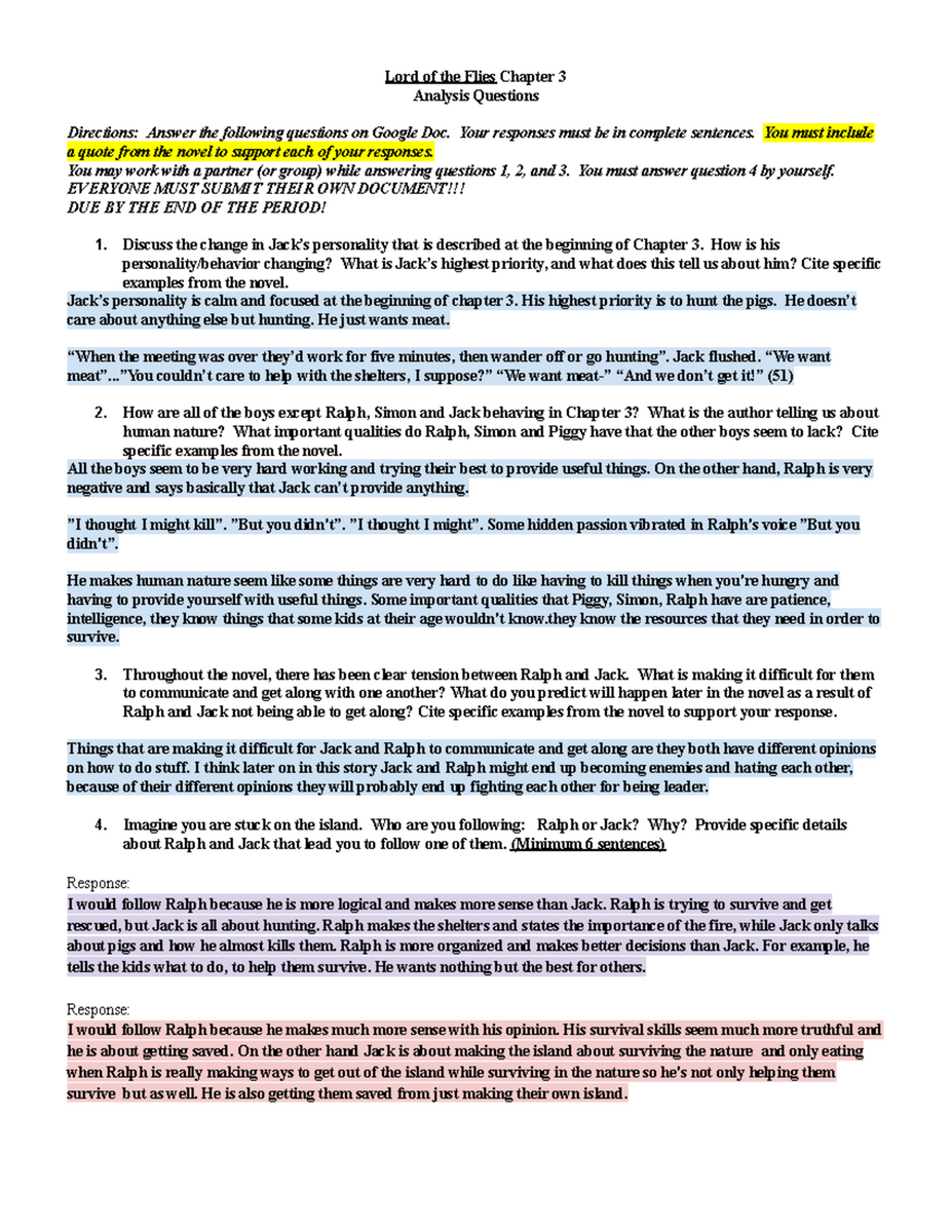 Lord Of The Flies CH 3 Analysis Questions And Responses Studocu