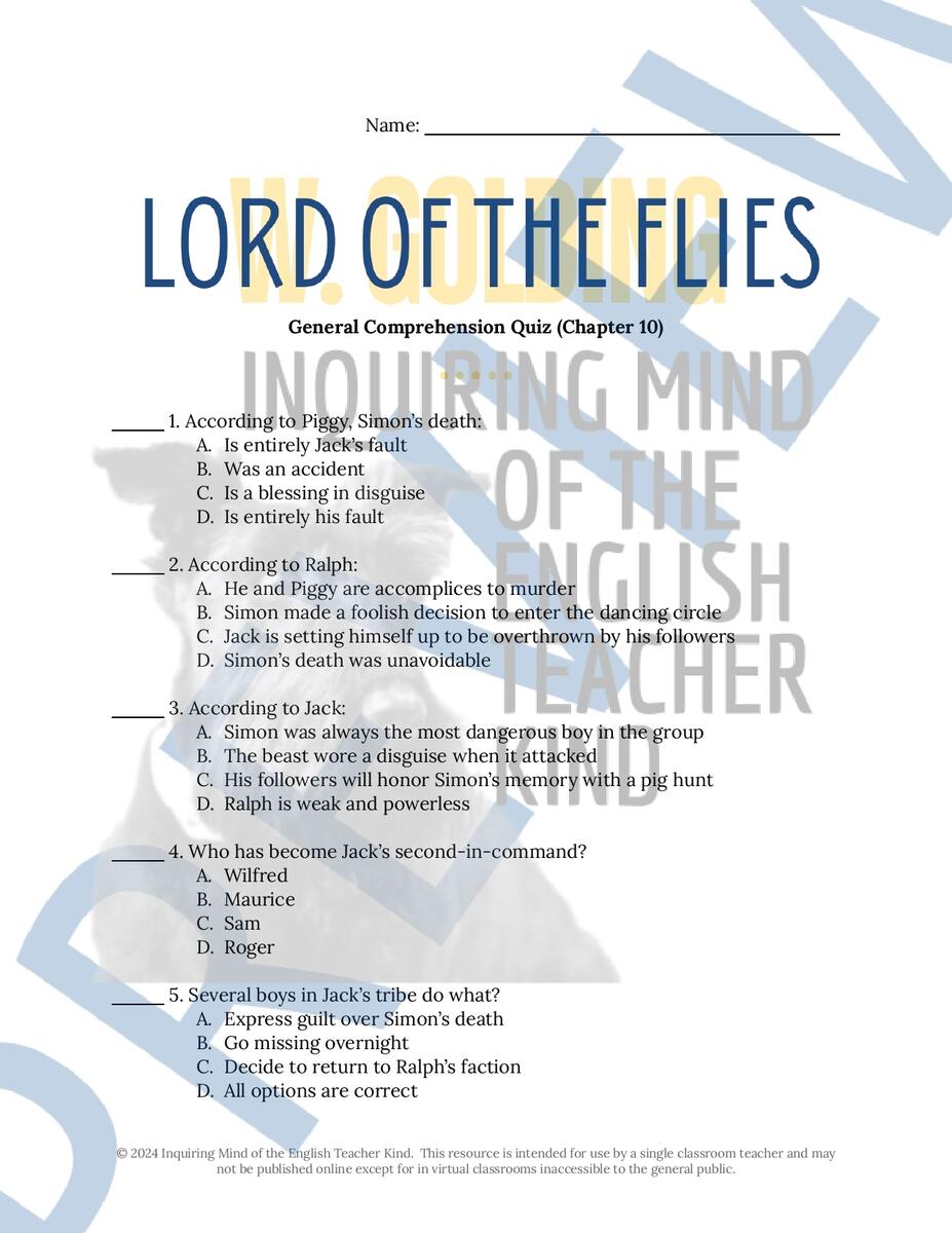 Lord Of The Flies Chapter 10 Quiz And Answer Key Made By Teachers
