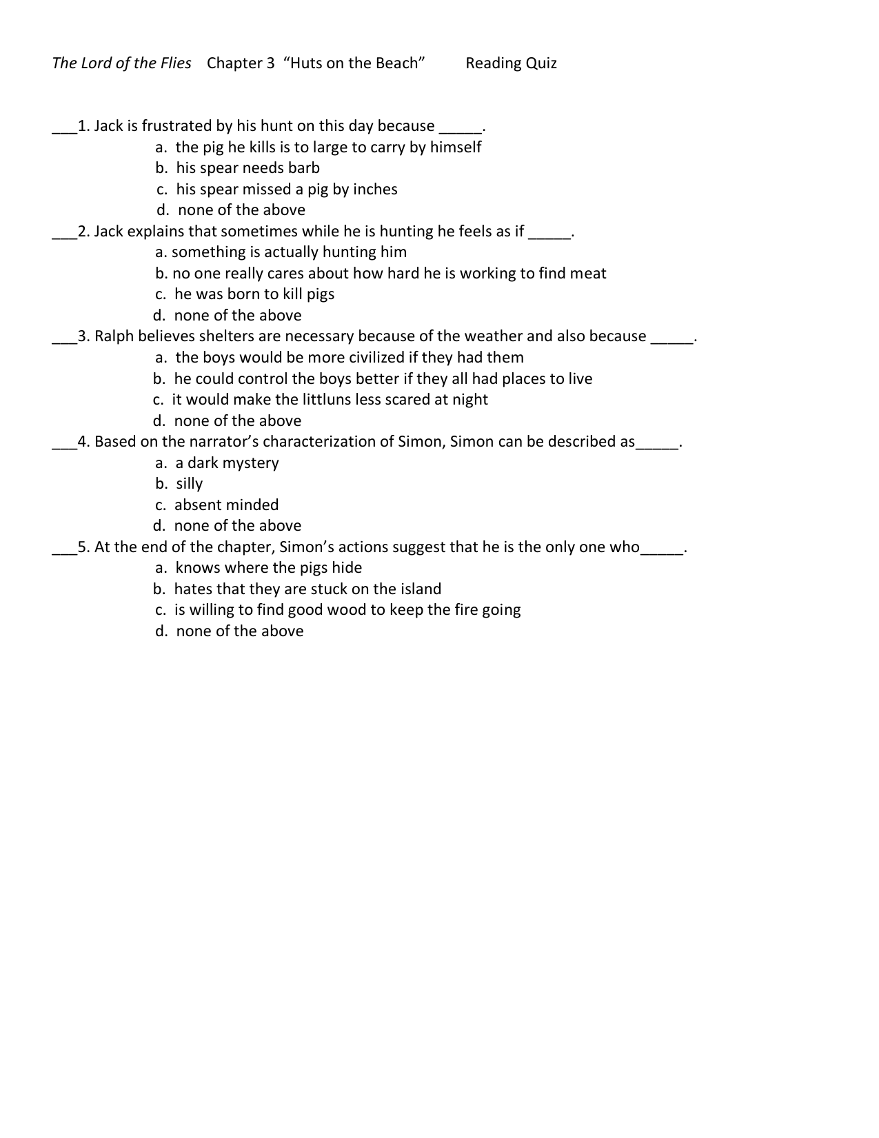 Lord Of The Flies Chapter 3 Quiz