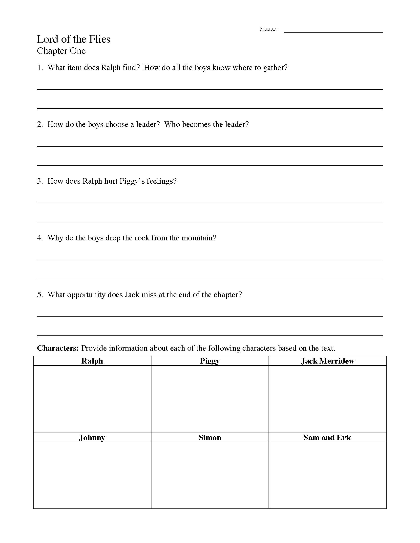 Lord Of The Flies Chapter One Worksheet Preview Lord Of The Flies Chapter One Worksheet Preview