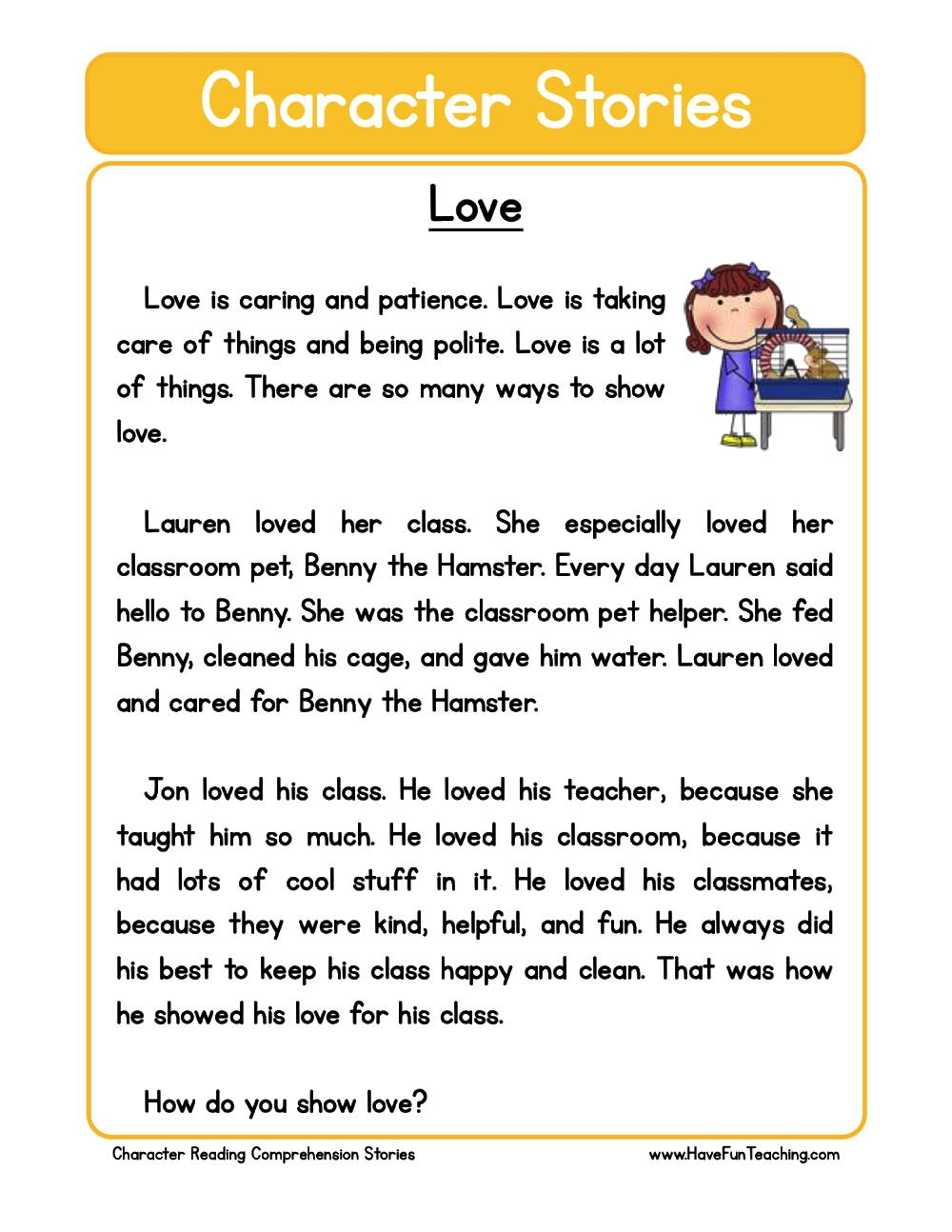 Love Character Reading Comprehension Worksheet Have Fun Teaching