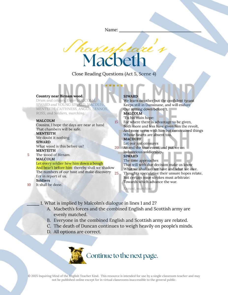 Macbeth Act 5 Scene 4 Close Reading Worksheet For High School Made By Teachers Macbeth Act 5 Scene 4 Close Reading Worksheet For High School Made By Teachers