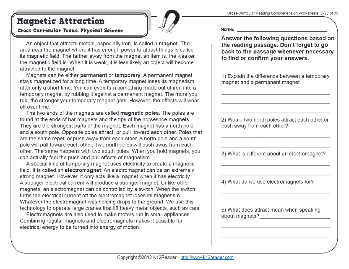 Magnetic Attraction Reading Comp Worksheet 4th Grade Science Studocu