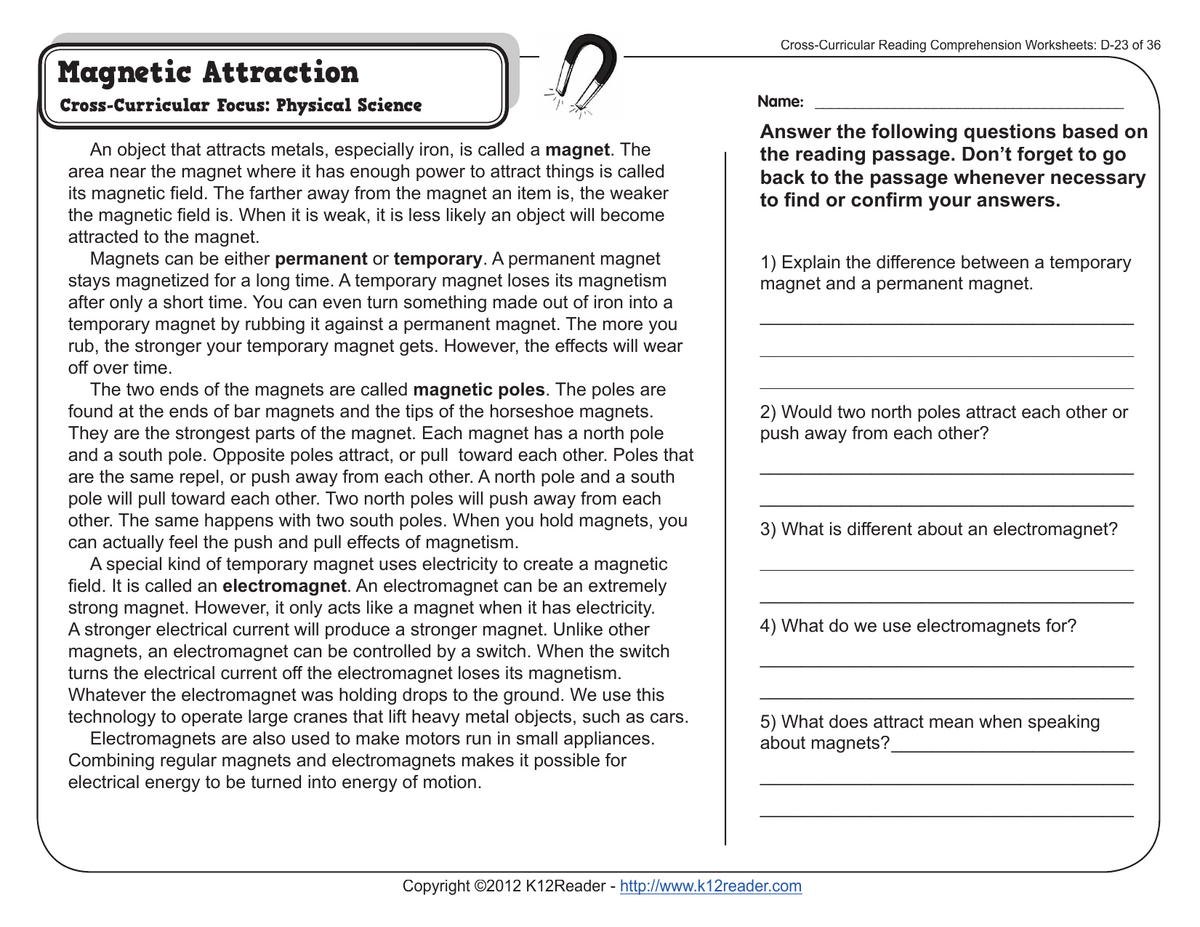 Magnetic Attraction Worksheet Physical Science