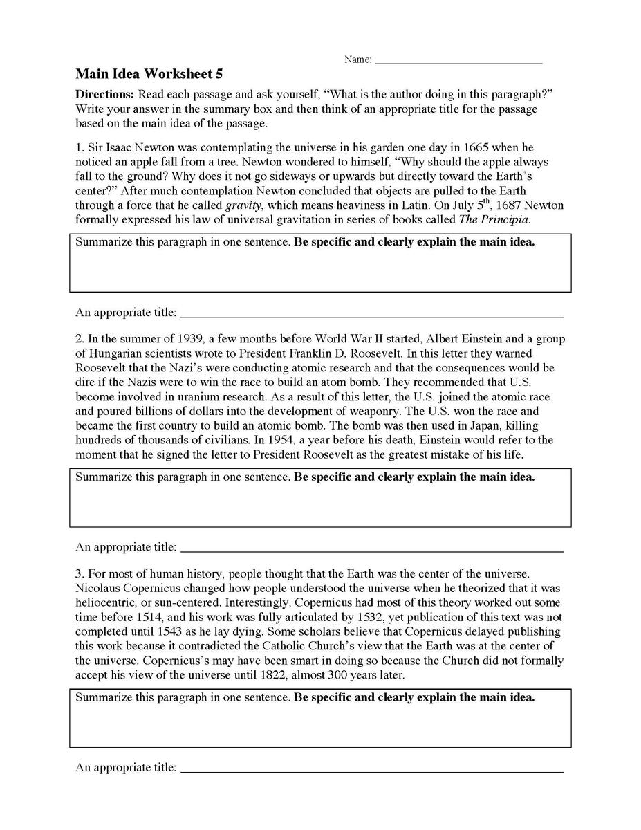 Main Idea Worksheet 5 Reading Activity Main Idea Worksheet 5 Reading Activity