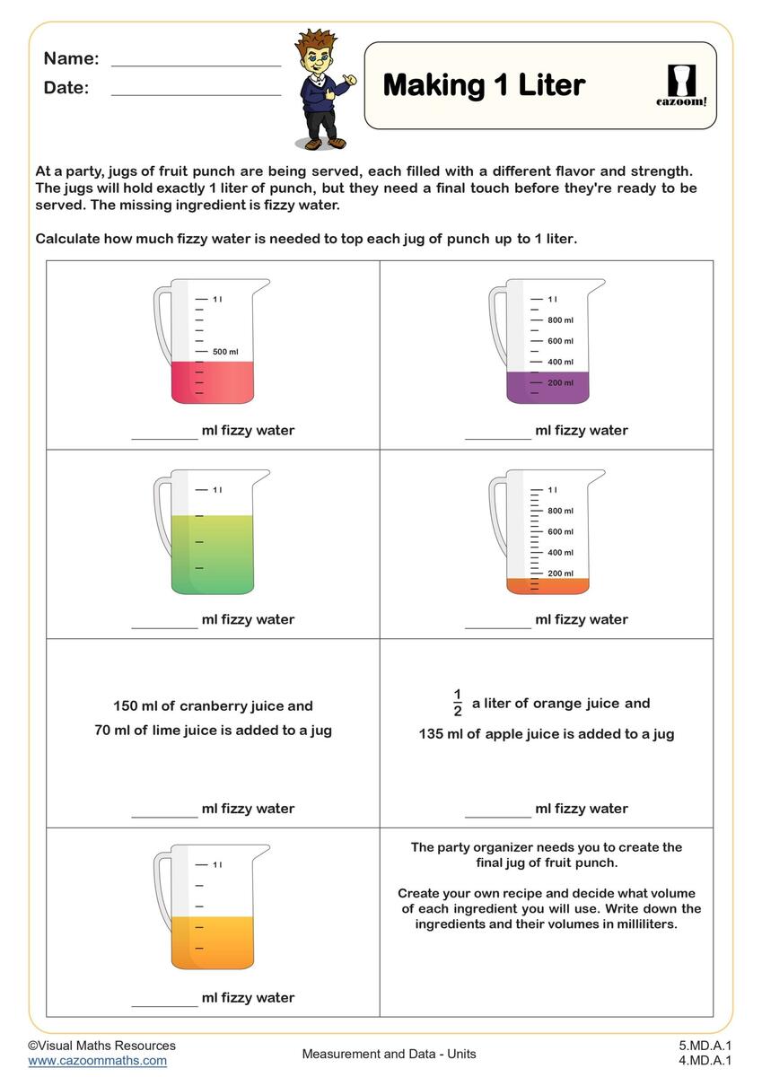 Making 1 L Worksheet Printable PDF 4th And 5th Grade Measurement And Data Worksheet Cazoom Math