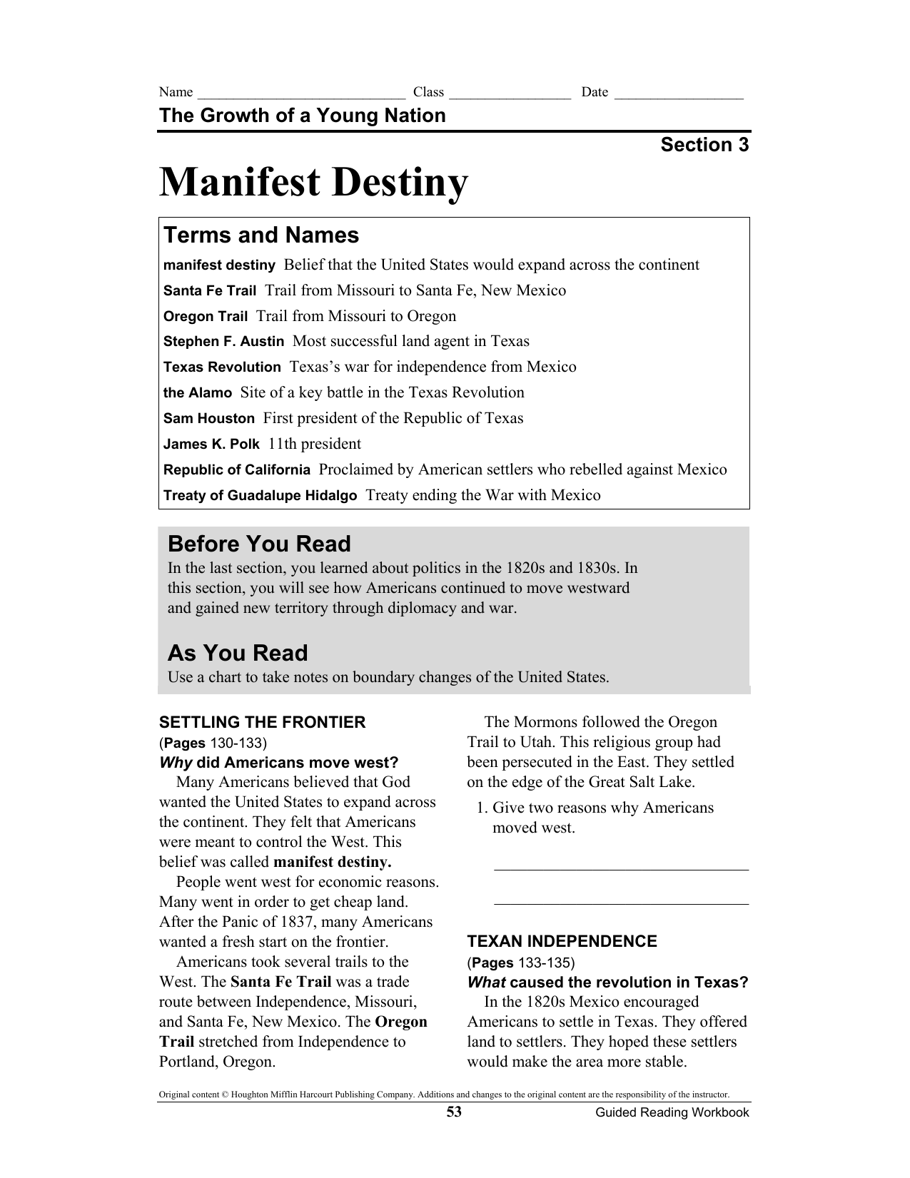 Manifest Destiny Guided Reading Workbook Excerpt