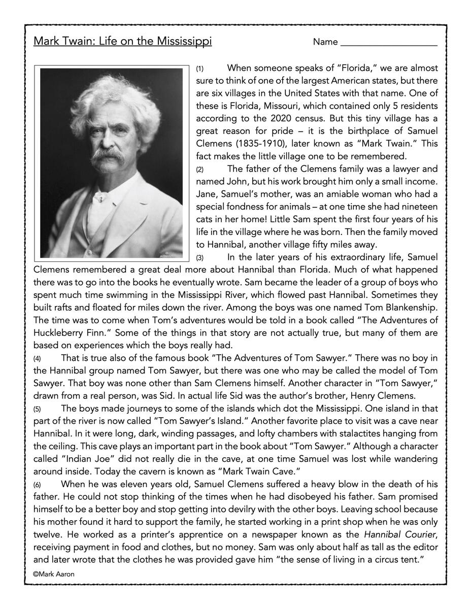 Mark Twain Author Study And Biography Classful